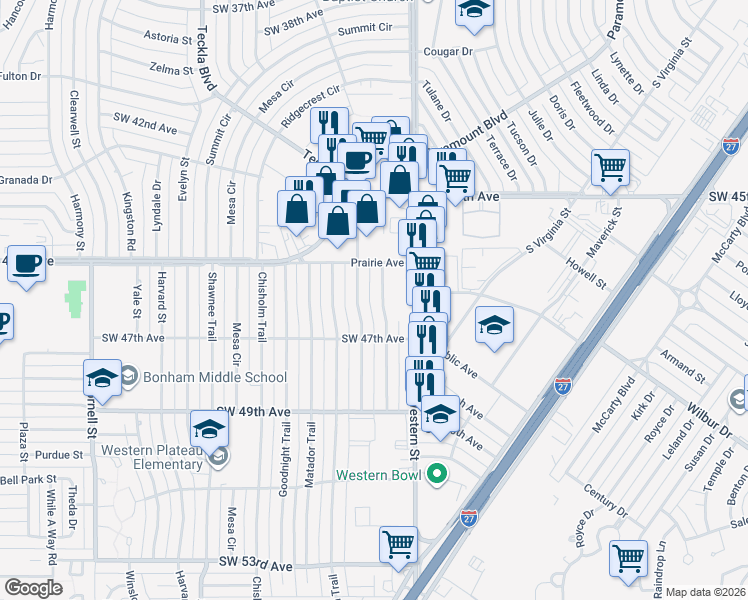 map of restaurants, bars, coffee shops, grocery stores, and more near 4615 Cherokee Trail in Amarillo