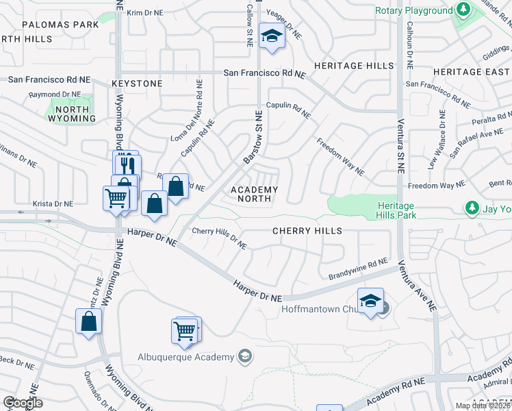 map of restaurants, bars, coffee shops, grocery stores, and more near 8400 Parrot Run Road Northeast in Albuquerque