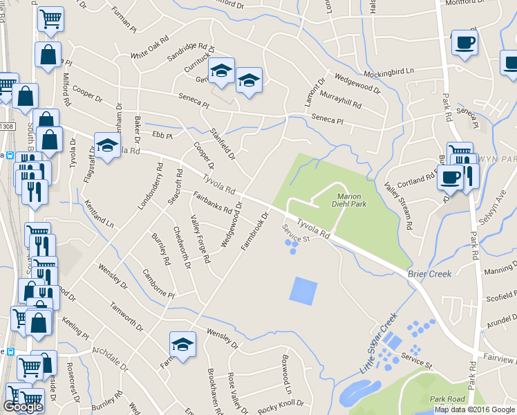 map of restaurants, bars, coffee shops, grocery stores, and more near 5212 Farmbrook Drive in Charlotte