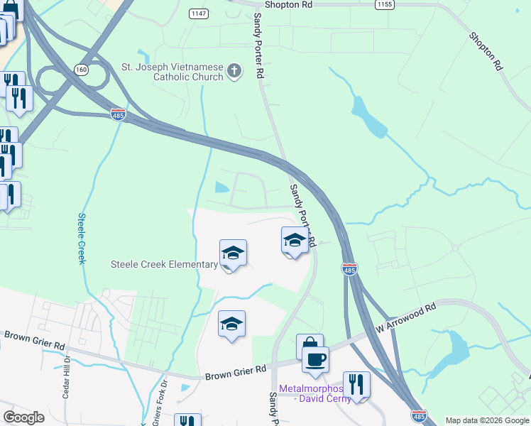 map of restaurants, bars, coffee shops, grocery stores, and more near 14308 Williams Glenn Road in Charlotte