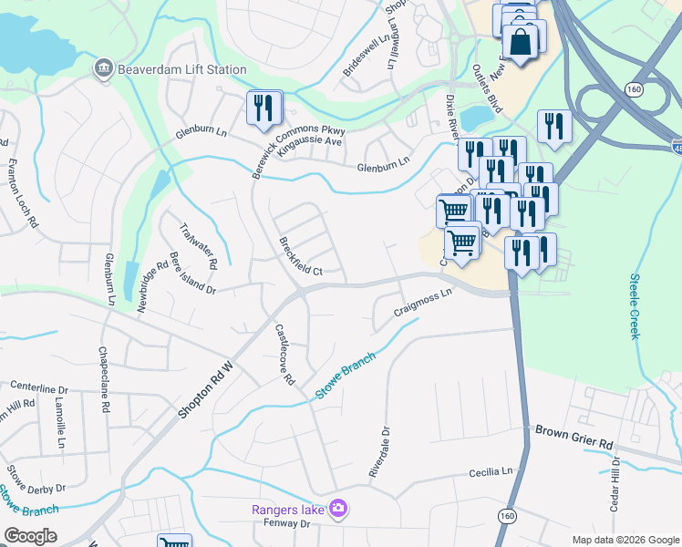 map of restaurants, bars, coffee shops, grocery stores, and more near 6109 Breckfield Court in Charlotte