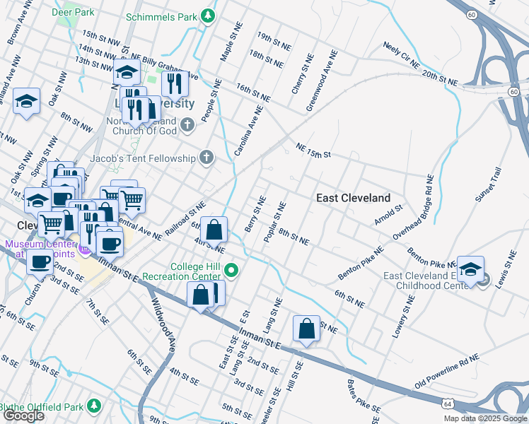 map of restaurants, bars, coffee shops, grocery stores, and more near 933 Poplar Street Northeast in Cleveland