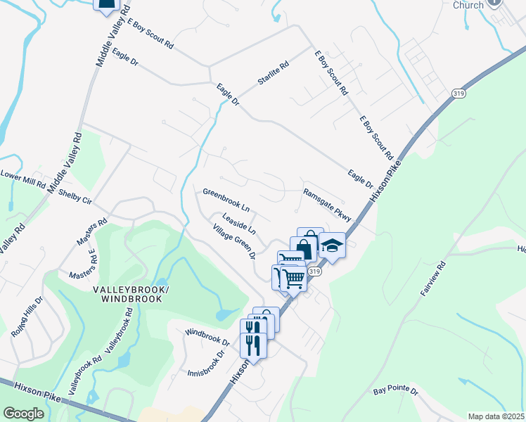 map of restaurants, bars, coffee shops, grocery stores, and more near 1309 Greenbrook Lane in Chattanooga