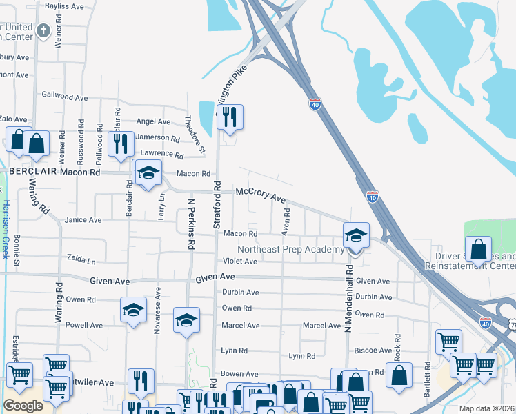map of restaurants, bars, coffee shops, grocery stores, and more near 1061 Dora Cove in Memphis