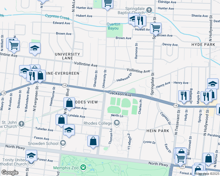 map of restaurants, bars, coffee shops, grocery stores, and more near in Memphis