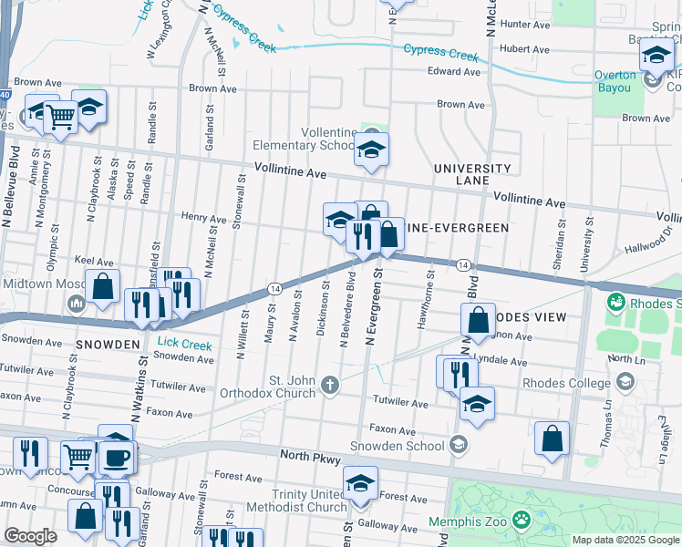 map of restaurants, bars, coffee shops, grocery stores, and more near 1649 Jackson Avenue in Memphis