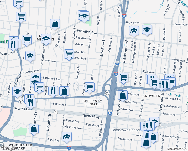 map of restaurants, bars, coffee shops, grocery stores, and more near 1023 Looney Avenue in Memphis