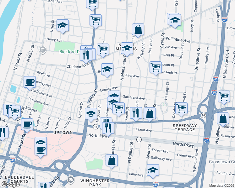 map of restaurants, bars, coffee shops, grocery stores, and more near 758 Saffarans Avenue in Memphis
