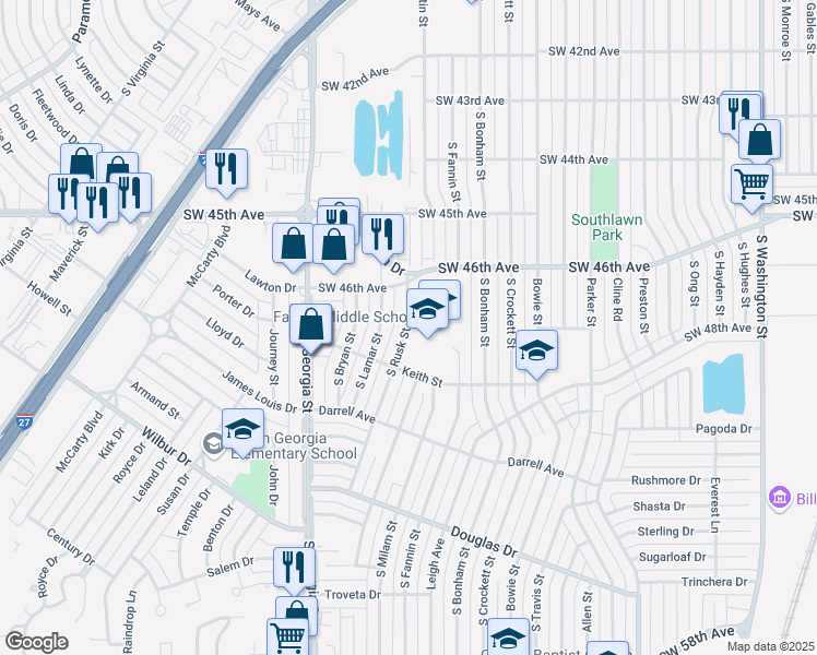 map of restaurants, bars, coffee shops, grocery stores, and more near 4627 South Rusk Street in Amarillo