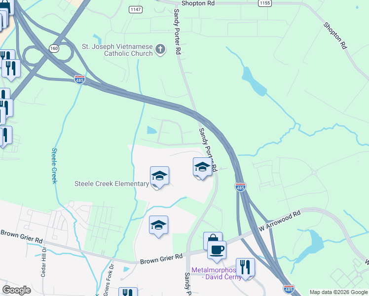 map of restaurants, bars, coffee shops, grocery stores, and more near 14308 Williams Glenn Road in Charlotte