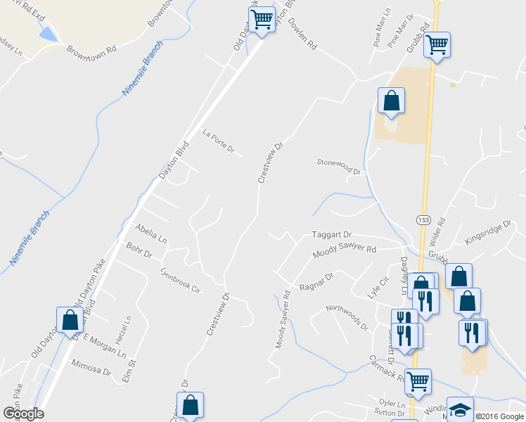 map of restaurants, bars, coffee shops, grocery stores, and more near 5906 Crestview Drive in Hixson