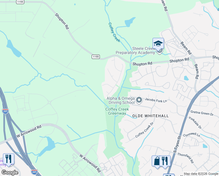 map of restaurants, bars, coffee shops, grocery stores, and more near 7111 Simbrah Way in Charlotte