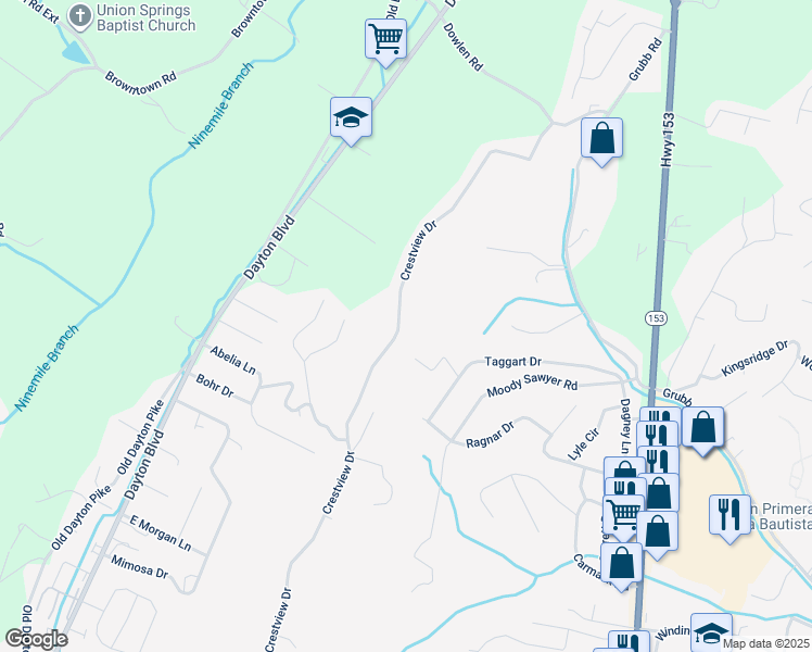 map of restaurants, bars, coffee shops, grocery stores, and more near 5906 Crestview Drive in Hixson