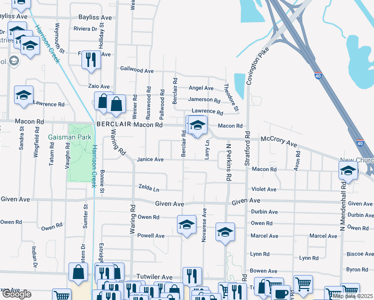 map of restaurants, bars, coffee shops, grocery stores, and more near 1058 Berclair Road in Memphis