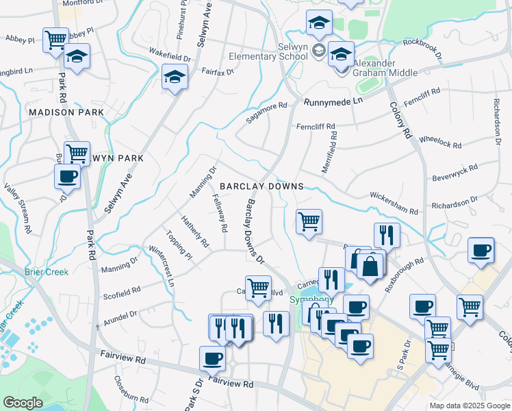 map of restaurants, bars, coffee shops, grocery stores, and more near 3831 Barclay Downs Drive in Charlotte