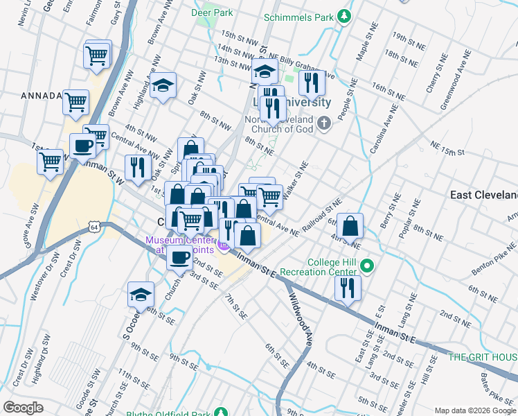 map of restaurants, bars, coffee shops, grocery stores, and more near 301 Central Avenue Northeast in Cleveland