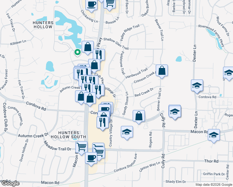 map of restaurants, bars, coffee shops, grocery stores, and more near 1316 Hardwood Trail in Memphis