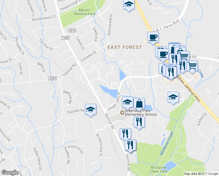 map of restaurants, bars, coffee shops, grocery stores, and more near 8147 Woodscape Drive in Charlotte
