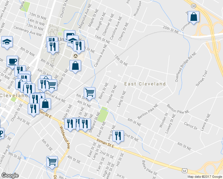 map of restaurants, bars, coffee shops, grocery stores, and more near 975 Poplar Street Northeast in Cleveland