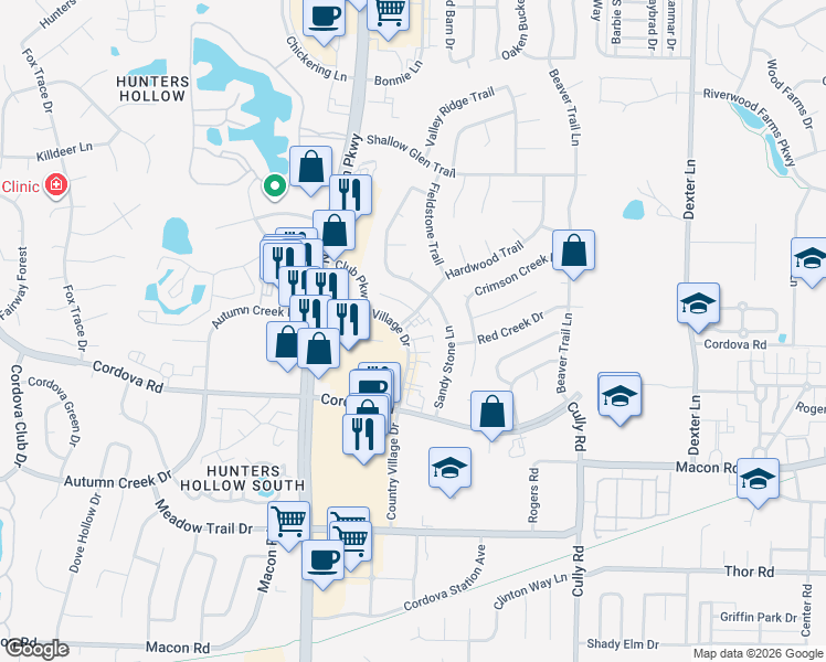 map of restaurants, bars, coffee shops, grocery stores, and more near 1316 Hardwood Trail in Memphis