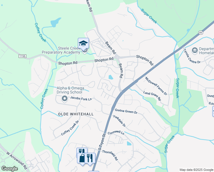 map of restaurants, bars, coffee shops, grocery stores, and more near 7345 Adare Mews Road in Charlotte