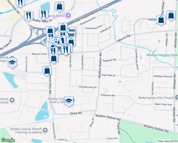 map of restaurants, bars, coffee shops, grocery stores, and more near 6306 Thornfield Drive in Memphis