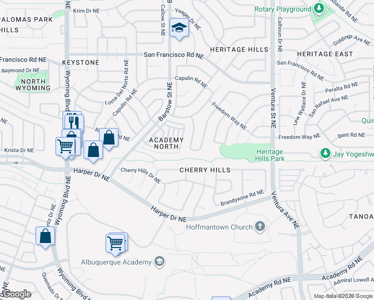 map of restaurants, bars, coffee shops, grocery stores, and more near 7101 Capitol Drive Northeast in Albuquerque