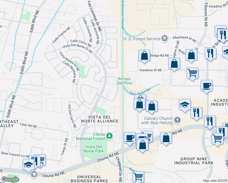map of restaurants, bars, coffee shops, grocery stores, and more near 7201 Villa Corrales Northeast in Albuquerque