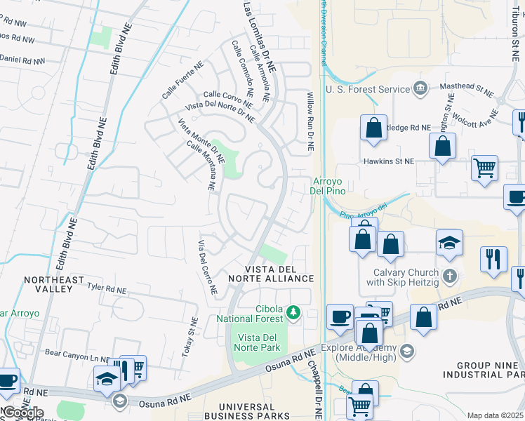 map of restaurants, bars, coffee shops, grocery stores, and more near 7116 Santa Rita Place Northeast in Albuquerque