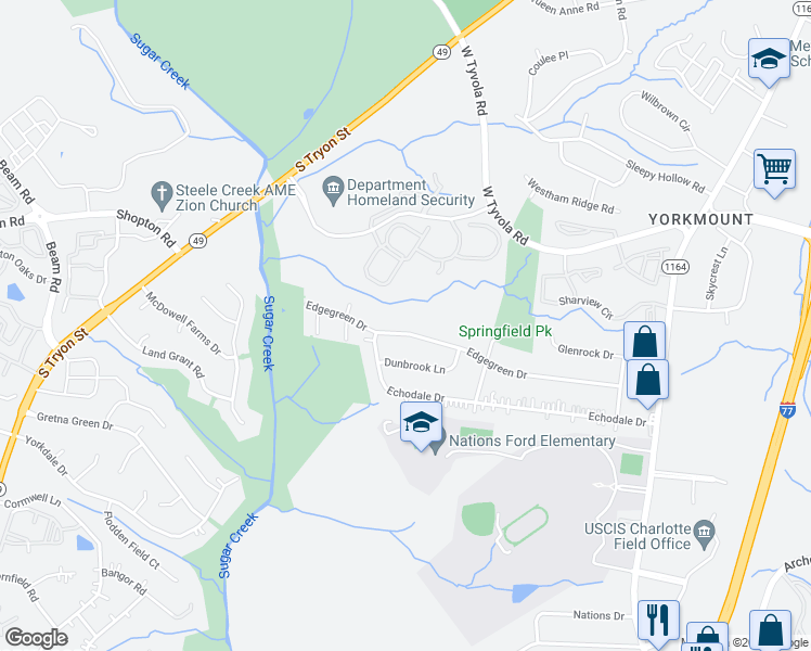 map of restaurants, bars, coffee shops, grocery stores, and more near 711 Edgegreen Drive in Charlotte