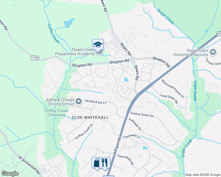 map of restaurants, bars, coffee shops, grocery stores, and more near 1850 Aston Mill Place in Charlotte