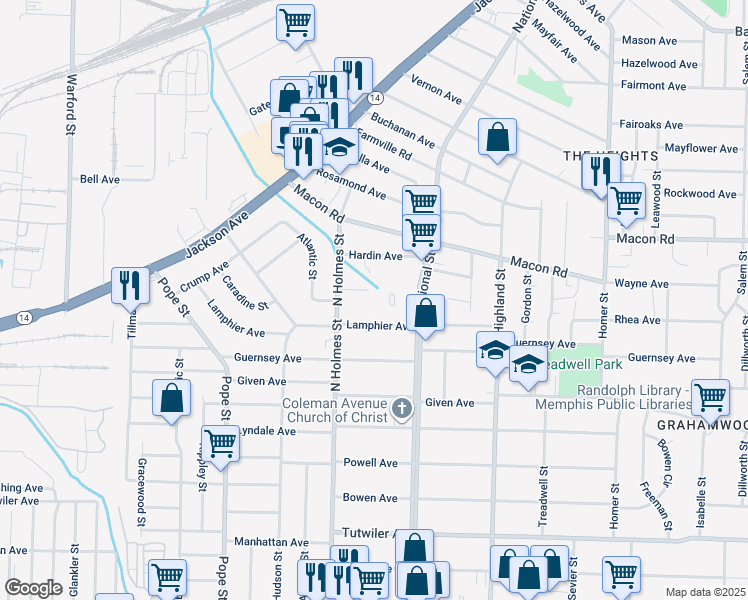 map of restaurants, bars, coffee shops, grocery stores, and more near 3350 Harmony Woods Drive in Memphis
