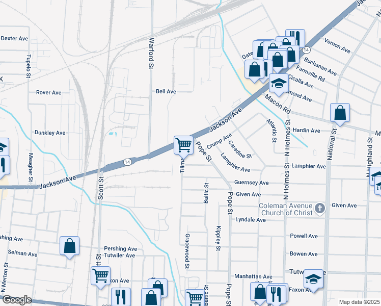 map of restaurants, bars, coffee shops, grocery stores, and more near 3040 Henry Avenue in Memphis