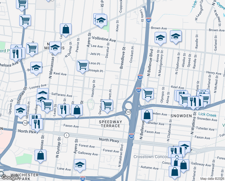 map of restaurants, bars, coffee shops, grocery stores, and more near 1023 Looney Avenue in Memphis