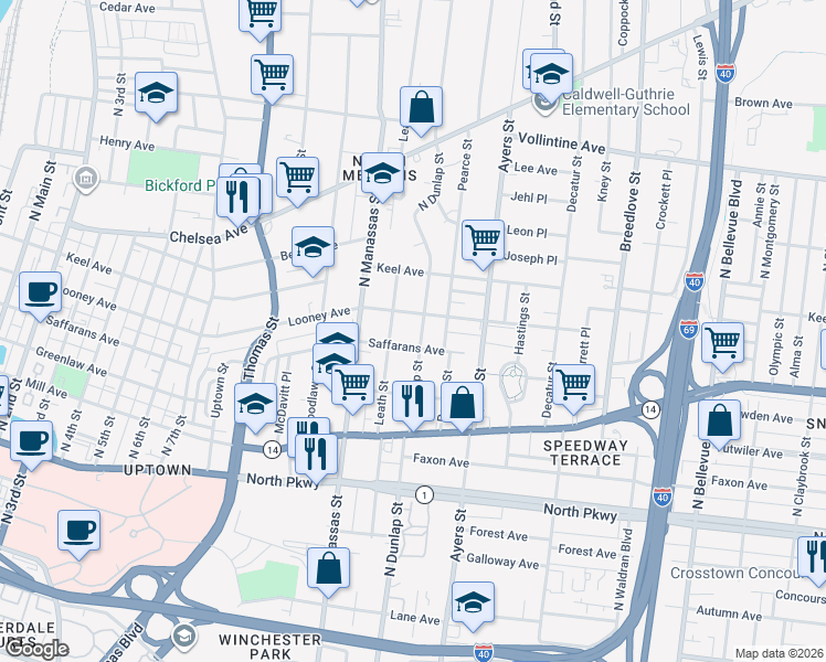 map of restaurants, bars, coffee shops, grocery stores, and more near 722 North Dunlap Street in Memphis