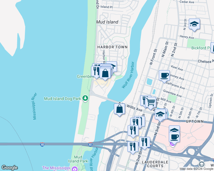 map of restaurants, bars, coffee shops, grocery stores, and more near 1 Harbor Bend Road in Memphis