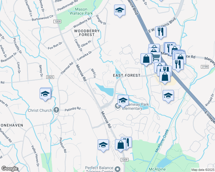 map of restaurants, bars, coffee shops, grocery stores, and more near 8147 Woodscape Drive in Charlotte