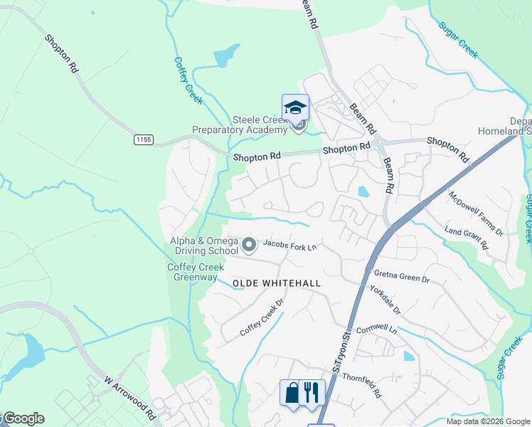 map of restaurants, bars, coffee shops, grocery stores, and more near 7100 Falling Tree Court in Charlotte