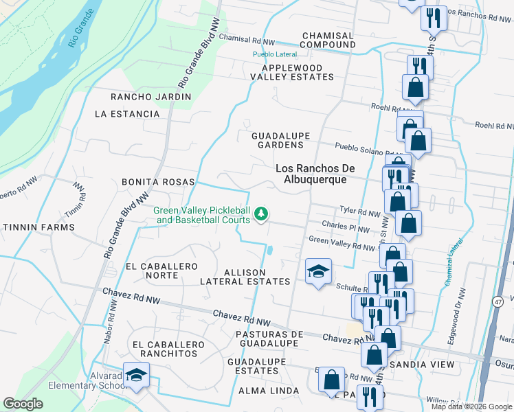 map of restaurants, bars, coffee shops, grocery stores, and more near 931 Green Valley Road Northwest in Los Ranchos de Albuquerque