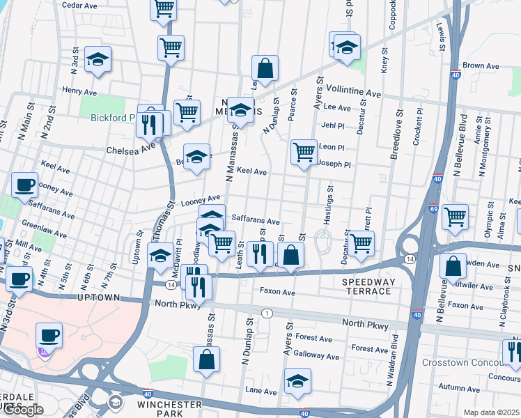 map of restaurants, bars, coffee shops, grocery stores, and more near 722 North Dunlap Street in Memphis