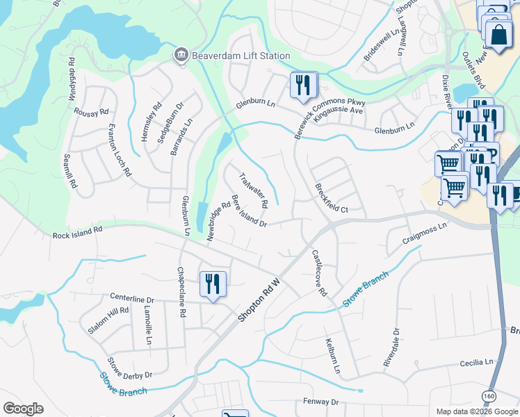 map of restaurants, bars, coffee shops, grocery stores, and more near 5909 Trailwater Road in Charlotte