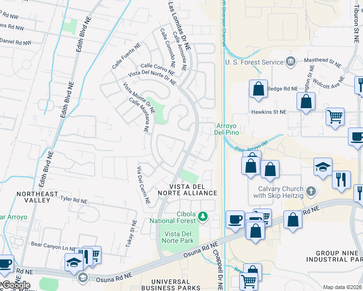map of restaurants, bars, coffee shops, grocery stores, and more near 7116 Santa Rita Place Northeast in Albuquerque