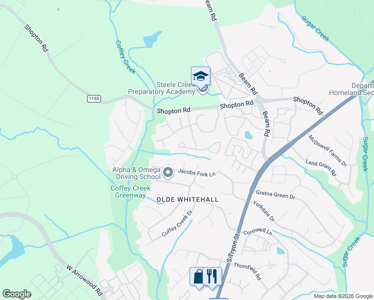 map of restaurants, bars, coffee shops, grocery stores, and more near 2237 Aston Mill Place in Charlotte