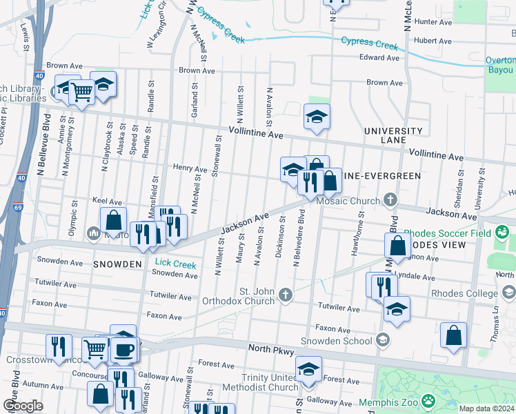 map of restaurants, bars, coffee shops, grocery stores, and more near 805 North Avalon Street in Memphis