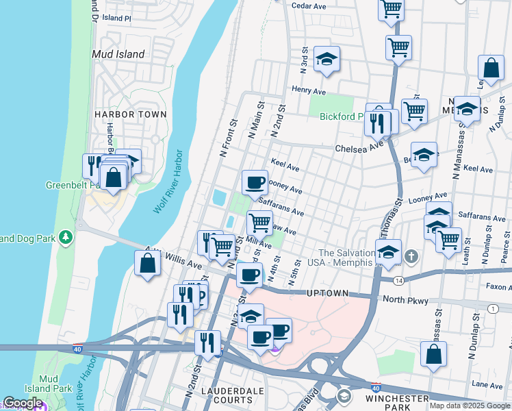 map of restaurants, bars, coffee shops, grocery stores, and more near 582 North 2nd Street in Memphis