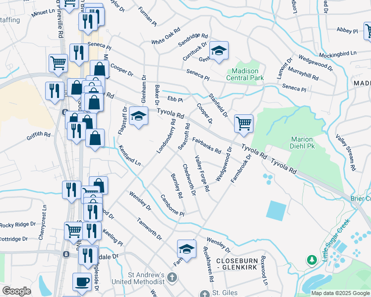 map of restaurants, bars, coffee shops, grocery stores, and more near 5313 Seacroft Road in Charlotte
