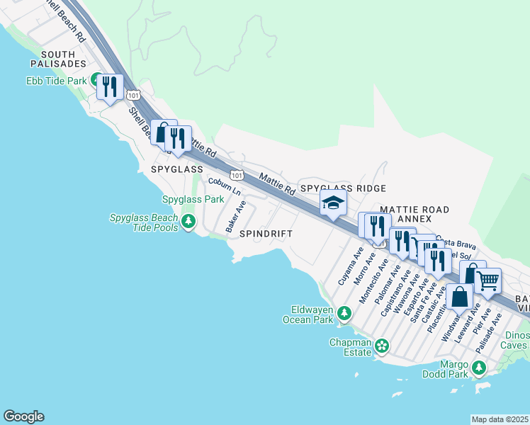 map of restaurants, bars, coffee shops, grocery stores, and more near 111 Park Place in Pismo Beach