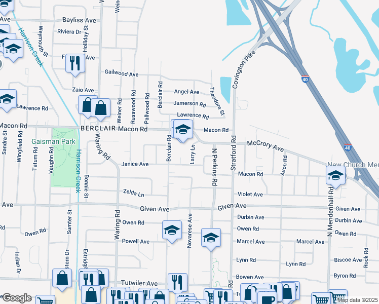 map of restaurants, bars, coffee shops, grocery stores, and more near 1065 Larry Lane in Memphis