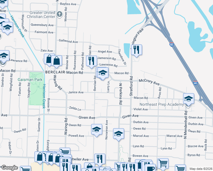 map of restaurants, bars, coffee shops, grocery stores, and more near 4510 Sandy Cove in Memphis