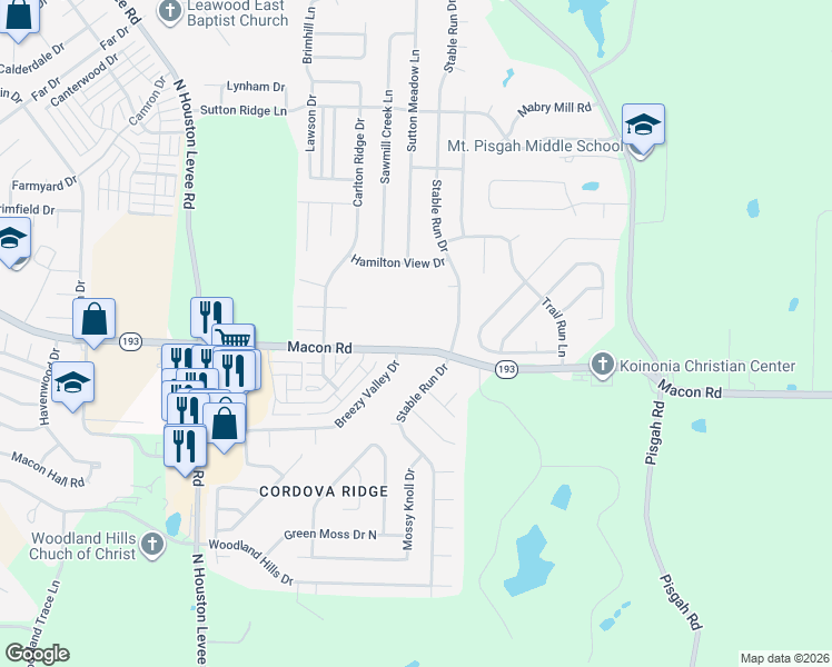 map of restaurants, bars, coffee shops, grocery stores, and more near 1266 Breezy Valley Drive in Shelby County